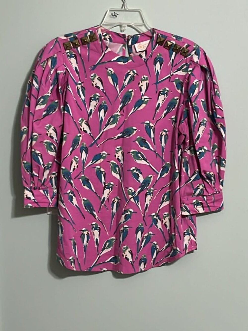 Sheridan French Size Small Pink with Birds Puff Sleeves Grommet 3/4 Sleeve